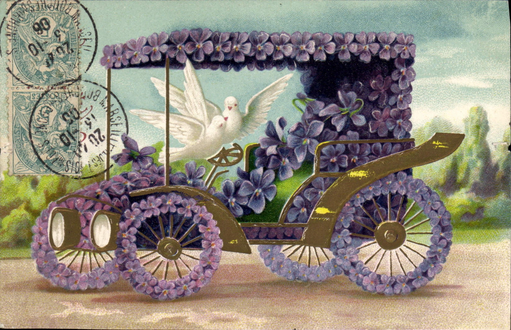 CPA Fantaisie Fleurs Colombe Automobile