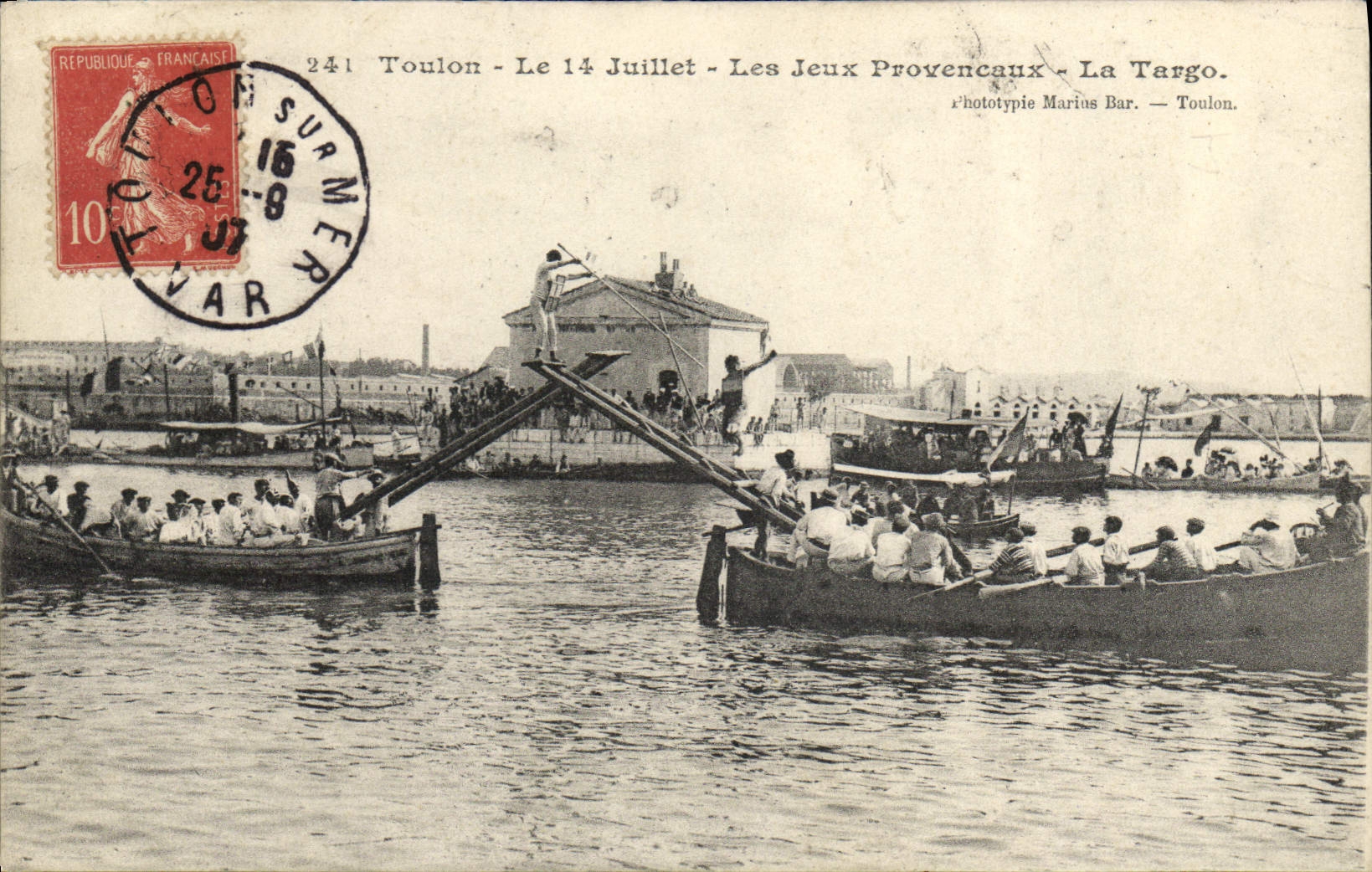 Vintage Postcard Toulon on July 14th the Provencaux plays TArgo SIGNAL