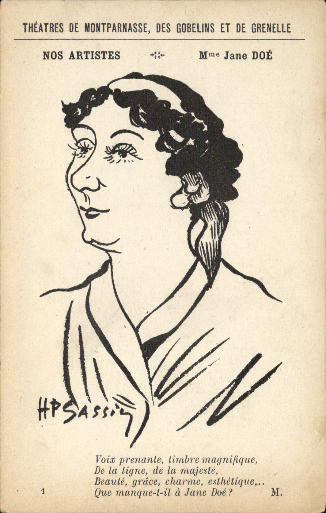 Vintage Postcard Mrs. Jane Doe Theaters of Montparnasse of the Goblins and Grenelle