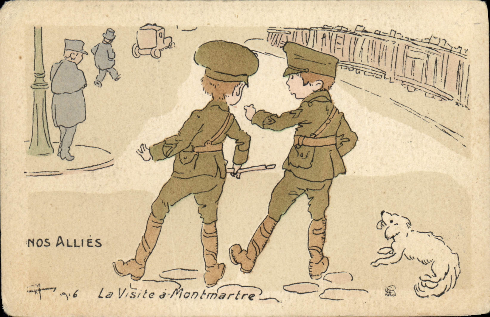 Vintage Postcard Militaria Our combine the visit has Montmartre Chien Children
