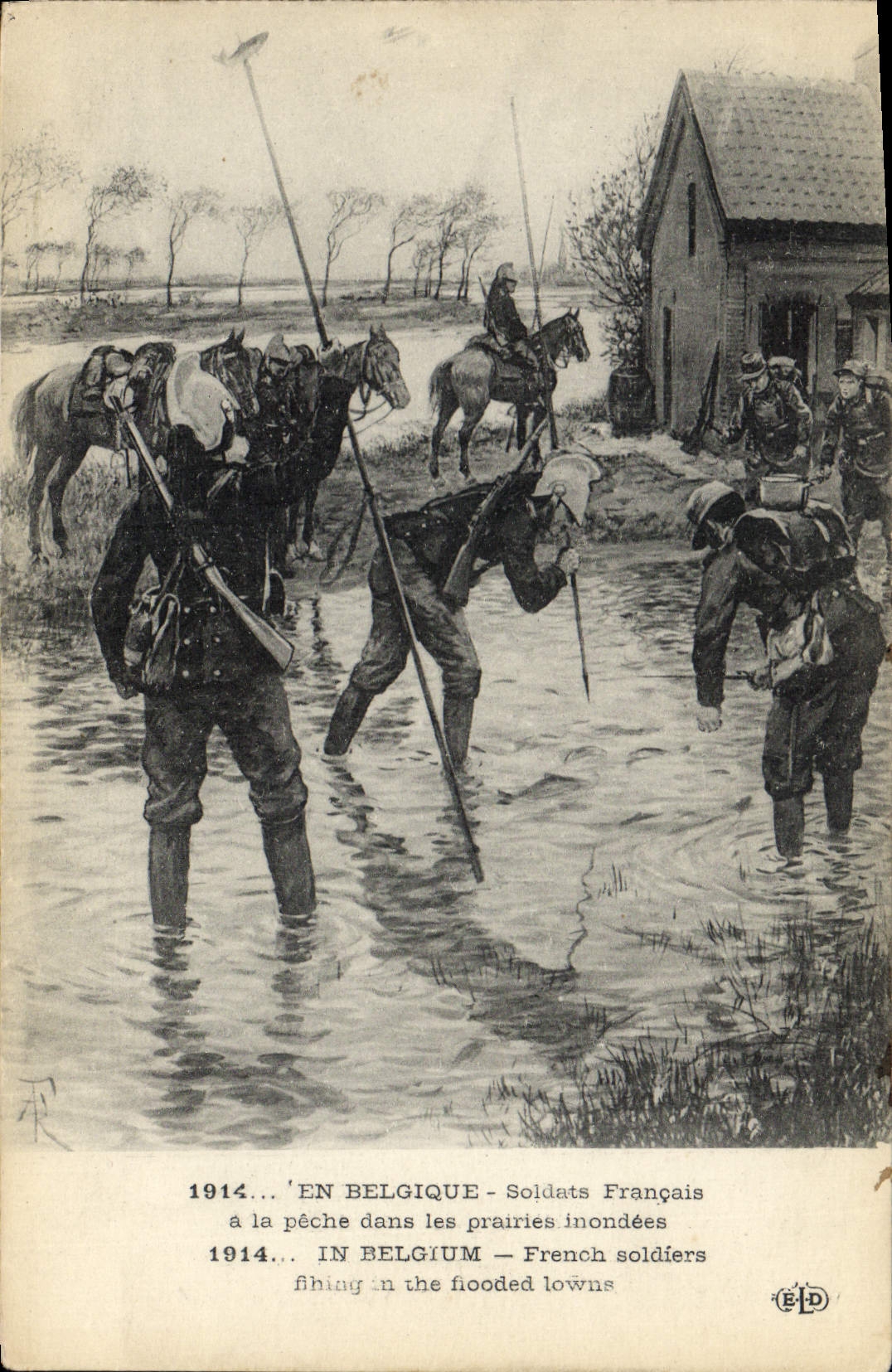 CPA Militaria En Belgique Soldats francais a la peche dans les prairies inondees 