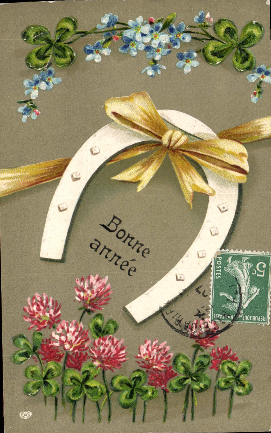 CPA Fantaisie Fleurs Fer a cheval Trefle 