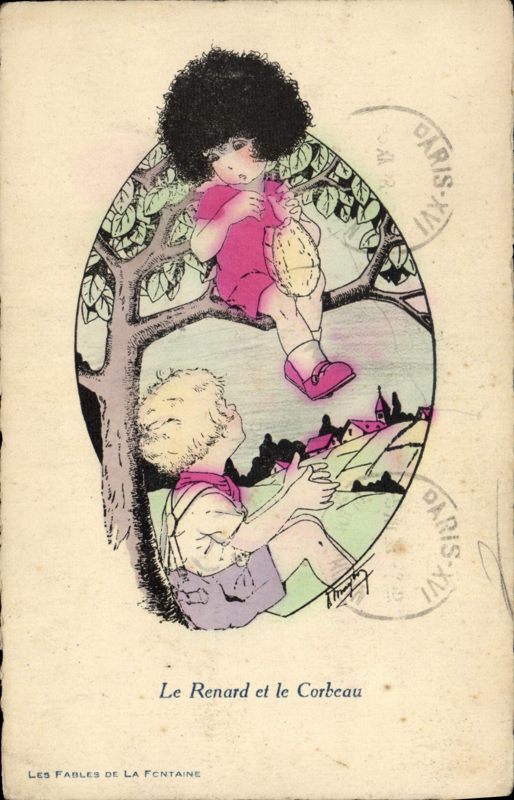 Postal Fantasia Ilustrador Niños el zorro y el cuervo