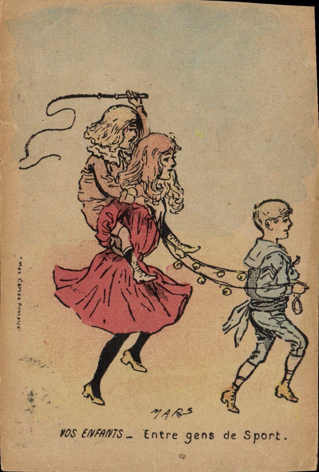 Postal Fantasia Ilustrador Sus niños entre gente de deporte