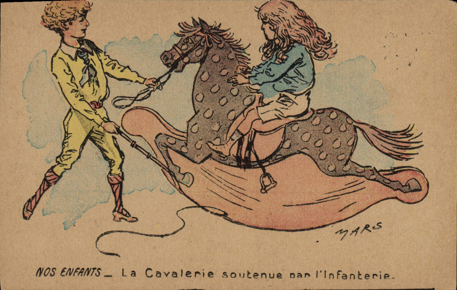 Postal Fantasia Ilustrador Nuestros niños la caballería respaldada por la infantería