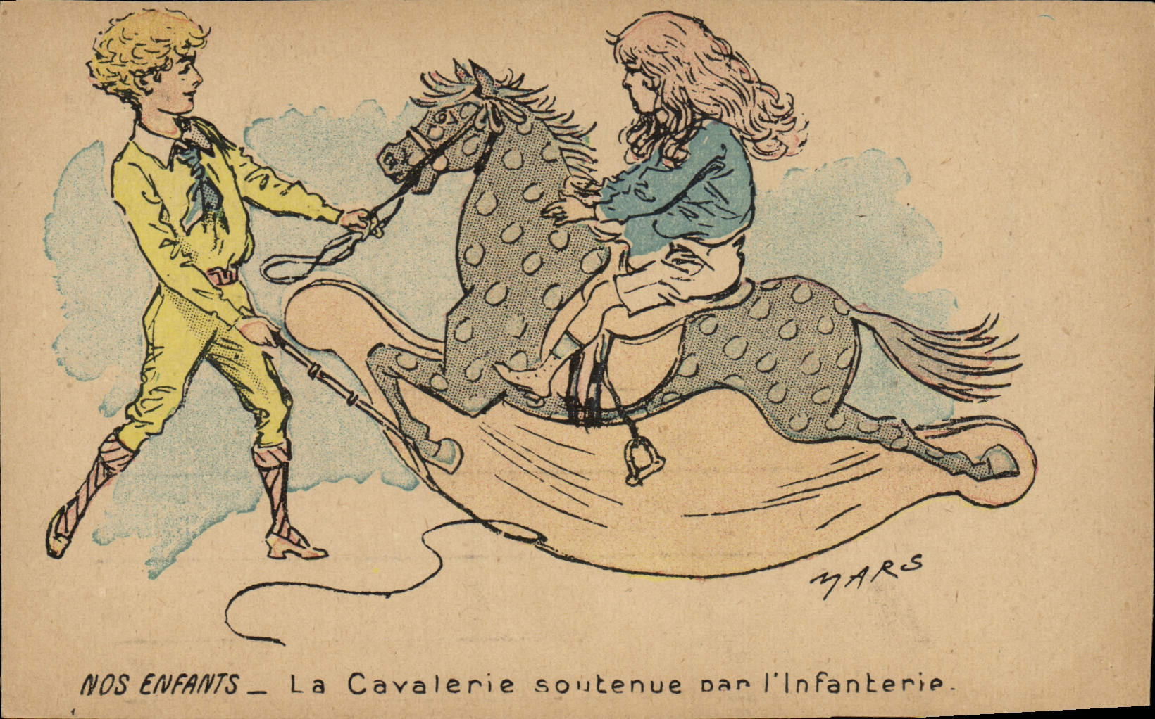 Postal Fantasia Ilustrador Nuestros niños la caballería respaldada por la infantería Caballo