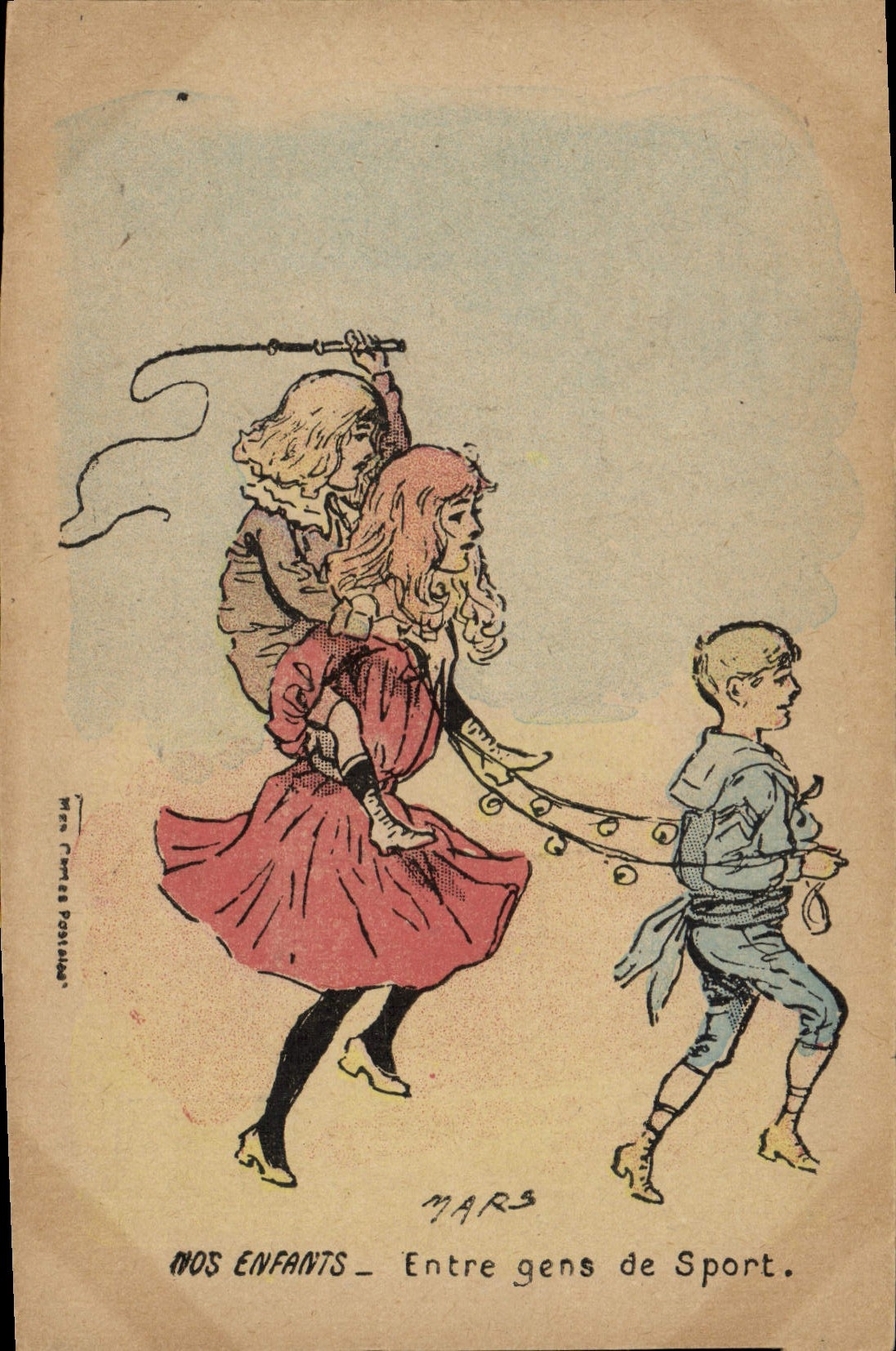 Postal Fantasia Ilustrador Nuestros niños entre gente de deporte