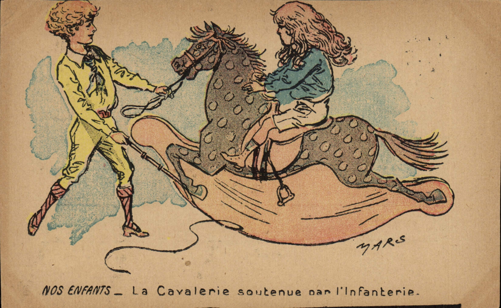 CPA Fantaisie Illustrateur Nos enfants La cavalerie soutenue par l'infanterie