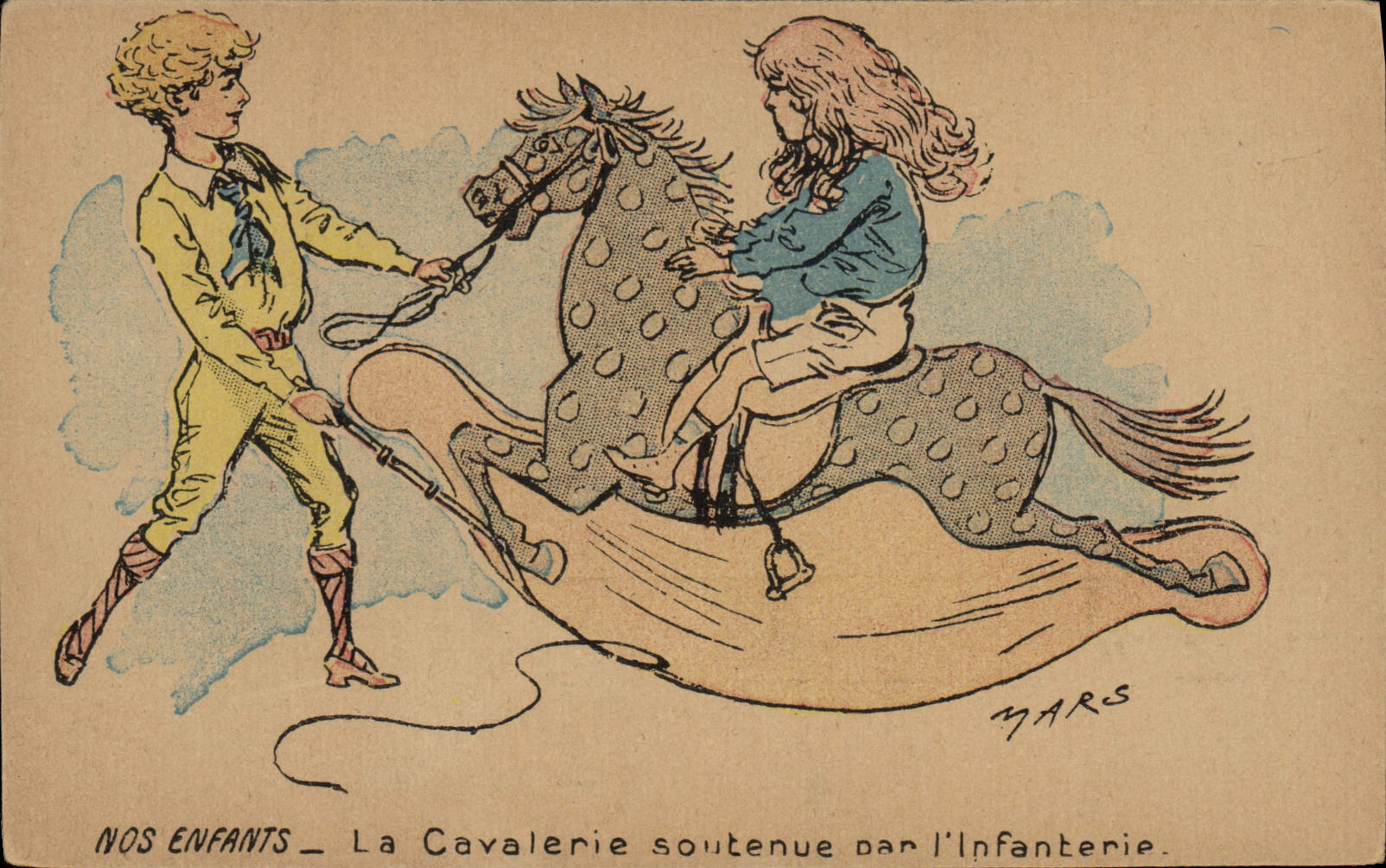 CPA Fantaisie Illustrateur Nos enfants La cavalerie soutenue par l'infanterie
