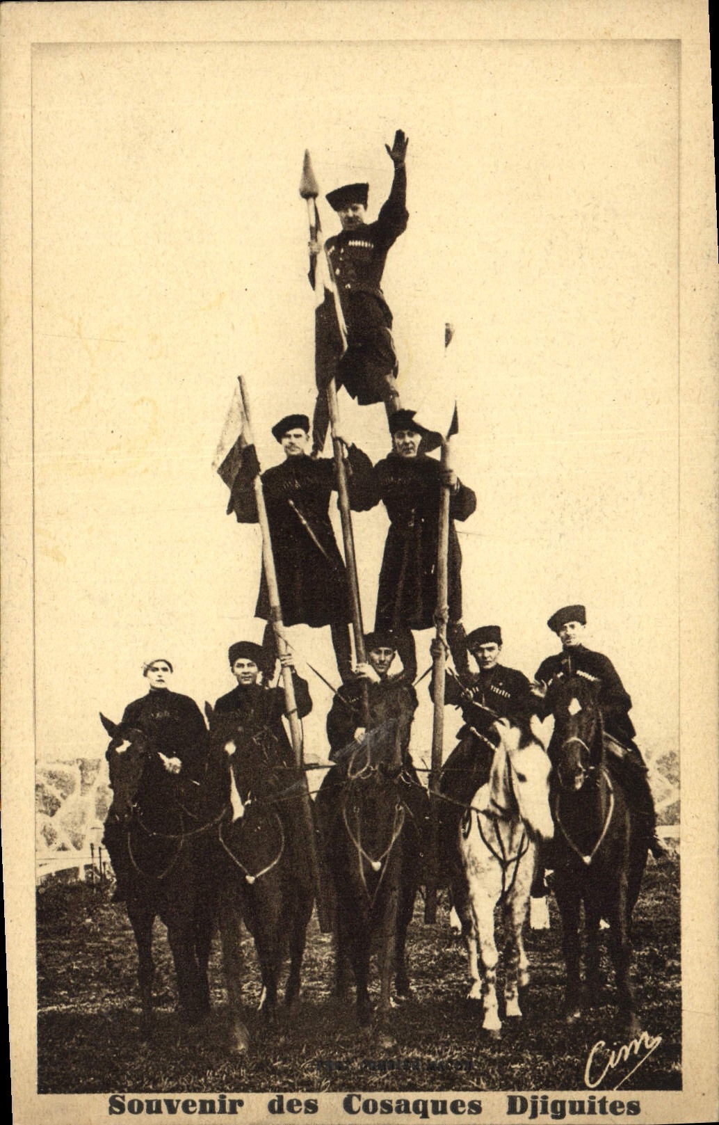 Postal Recuerdo de los cosacos Djiguites Caballos