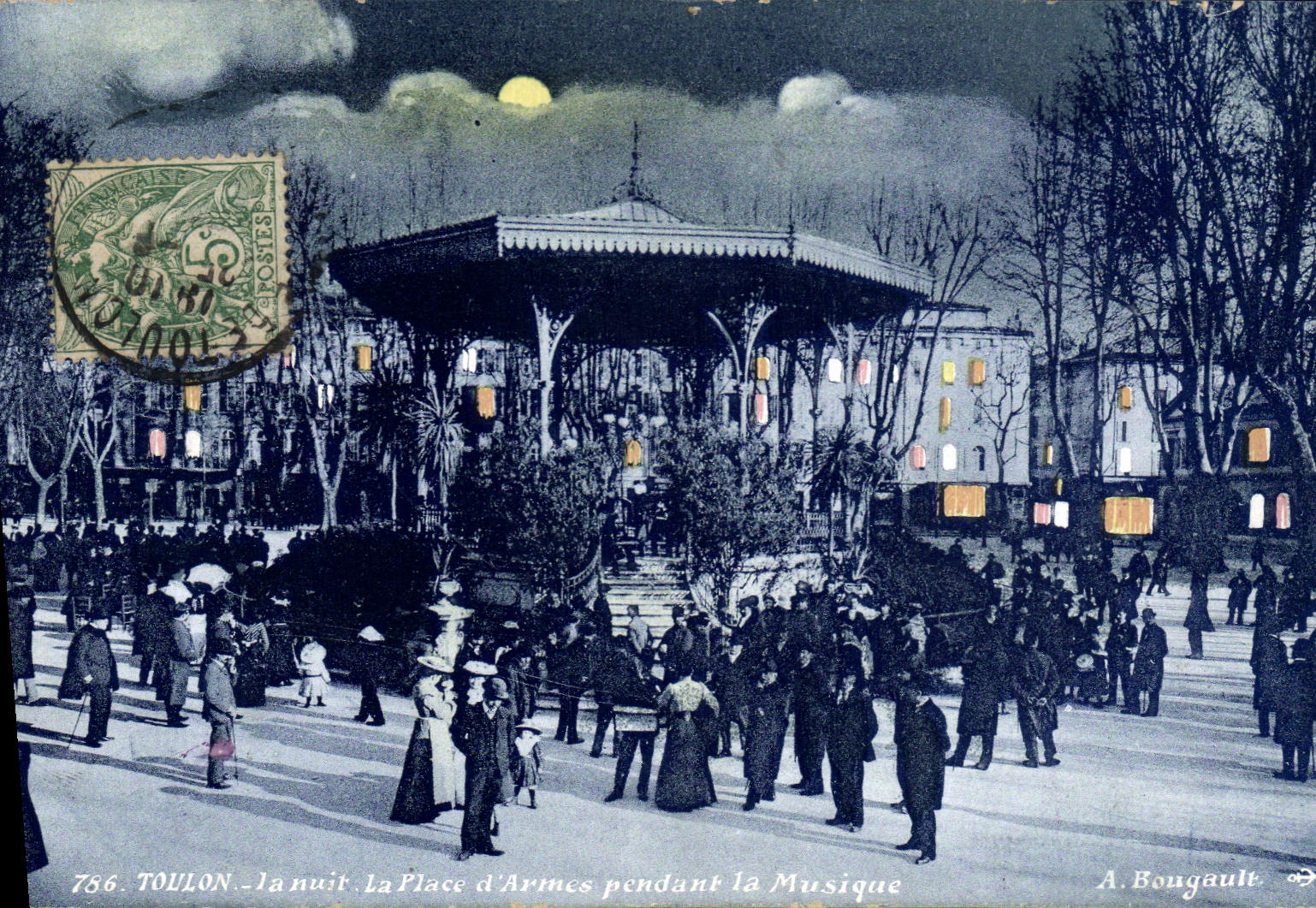 Vintage Postcard Toulon the night the place of weapons during the music