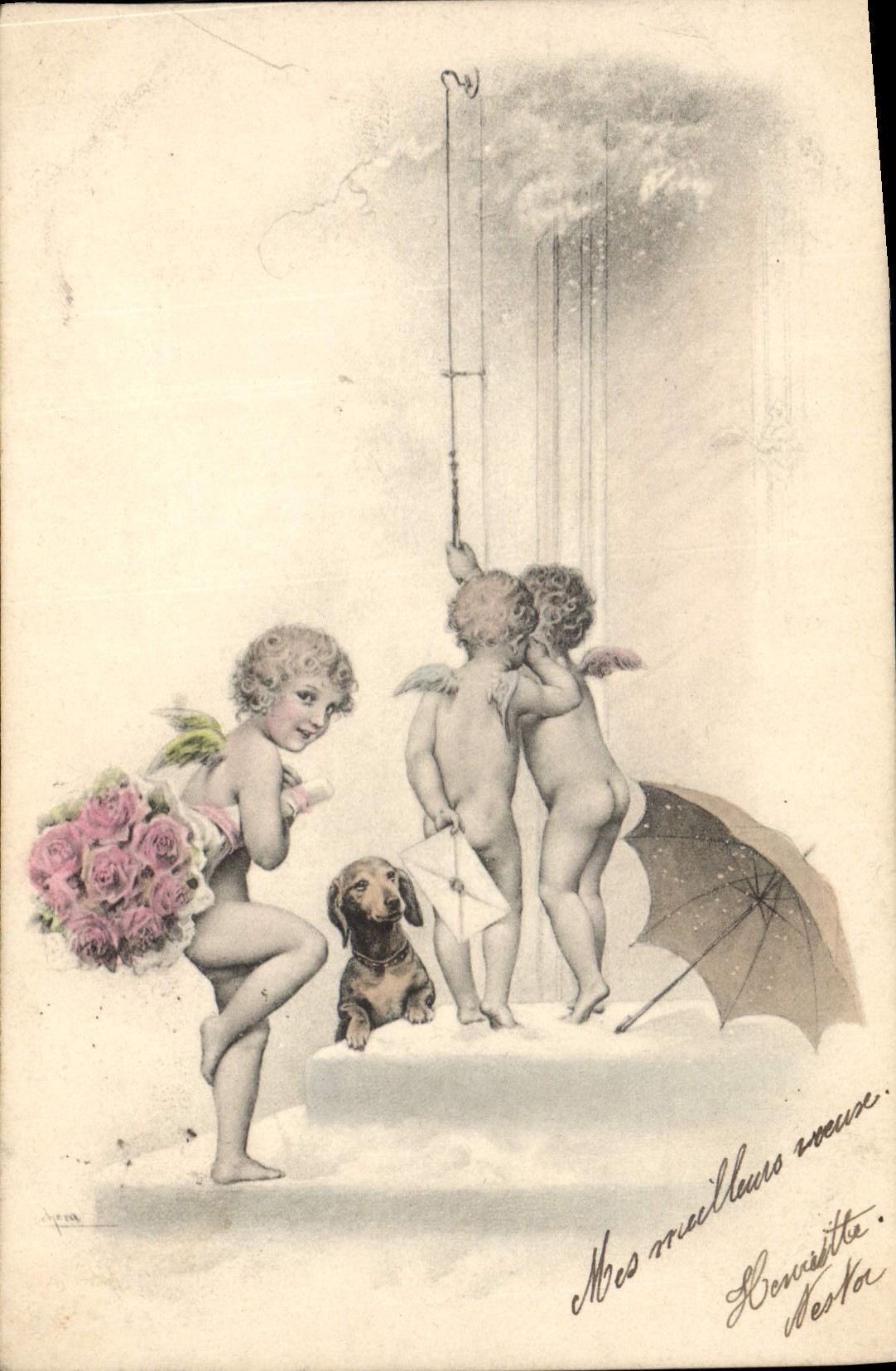 CPA Chien Chiens Basset Anges Ange Enfants