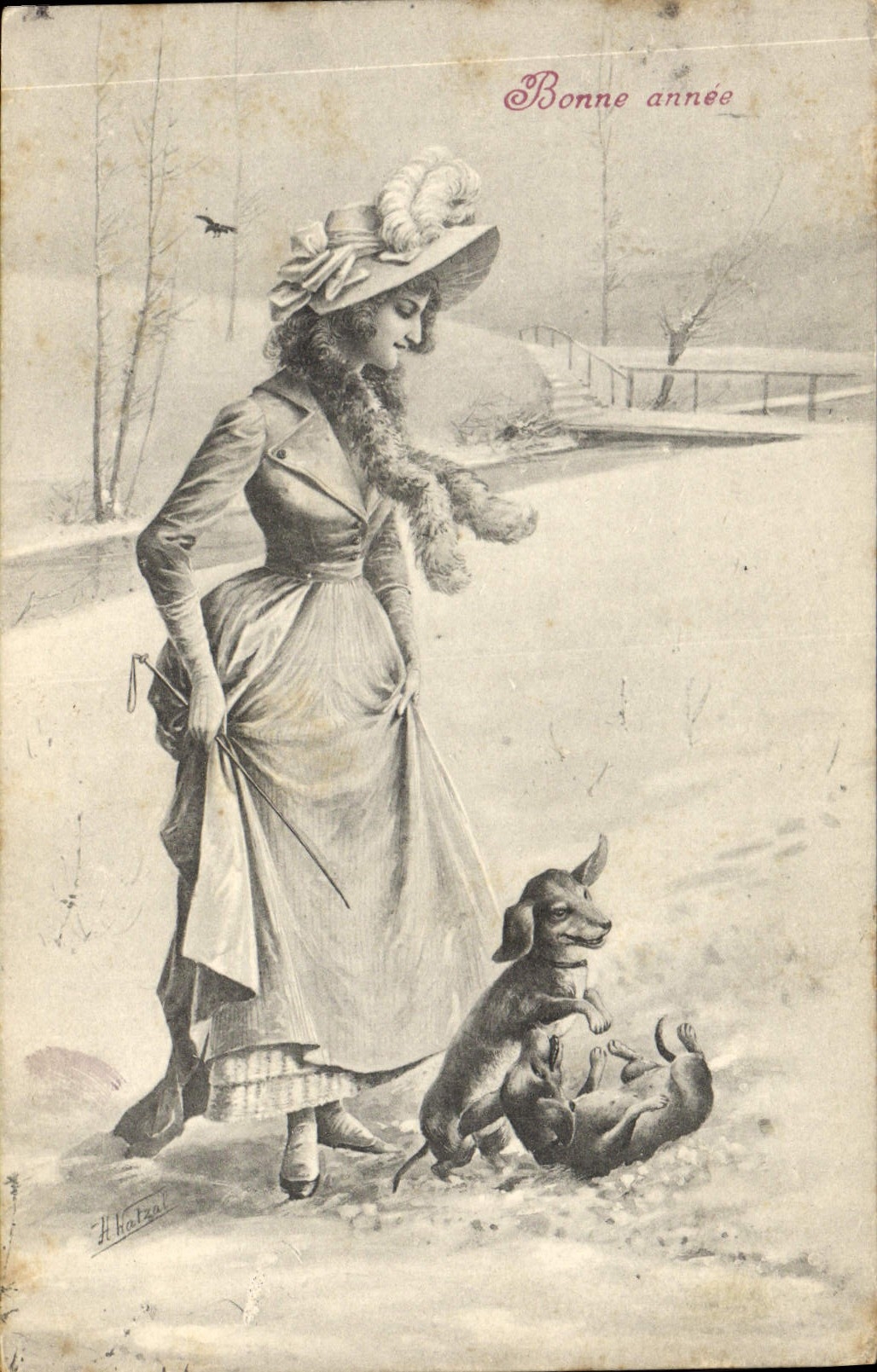CPA Chien Chiens Basset Femme Bonne annee