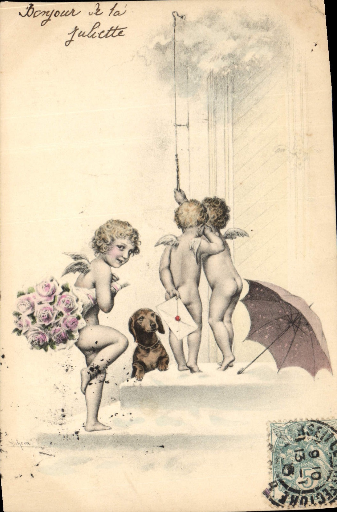 CPA Chien Chiens Basset Anges Ange Enfants 