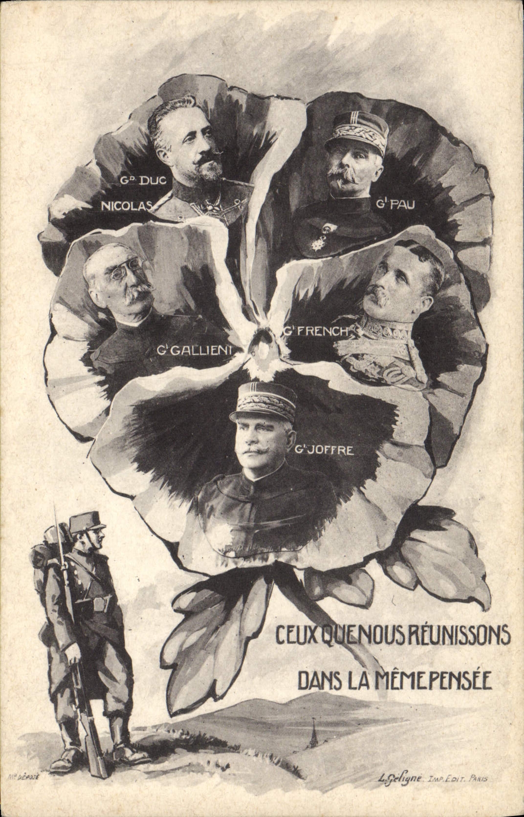 Vintage Postcard Militaria Those which we join together in the same thought Gallieni Joffre French Pau