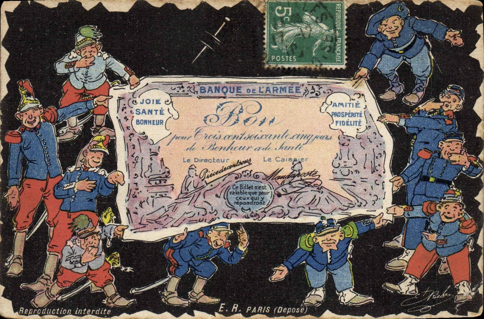 Vintage Postcard Militaria the bank of the army Ticket Currency