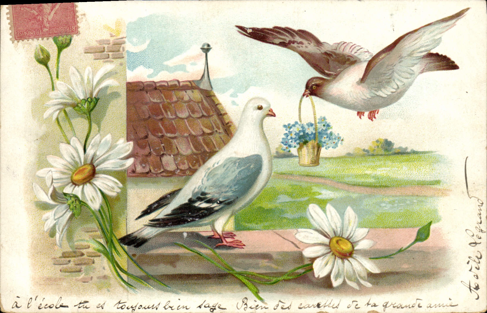 CPA Fantaisie Fleurs Oiseaux 