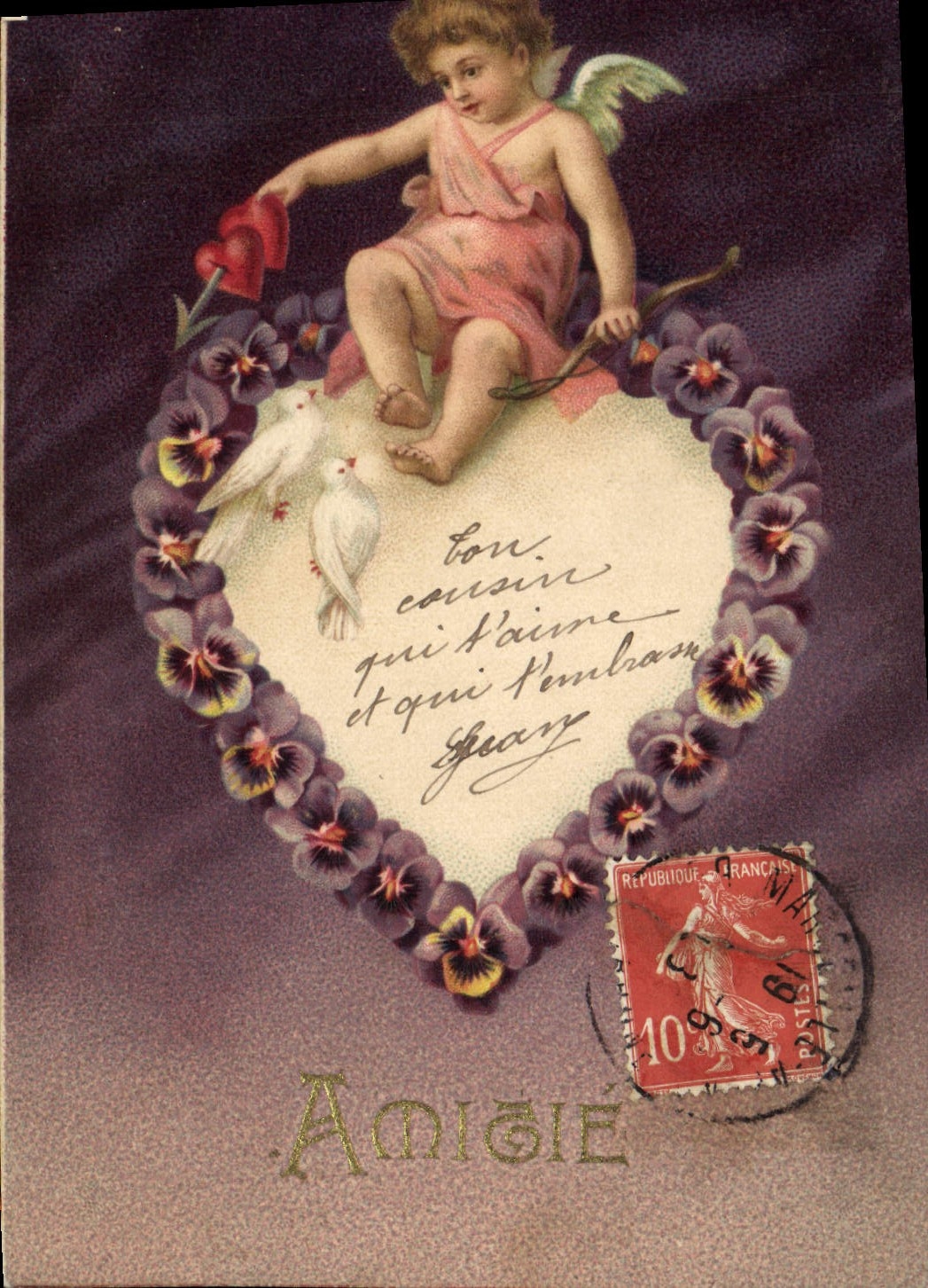 CPA Fantaisie Fleurs Ange Coeur Colombe