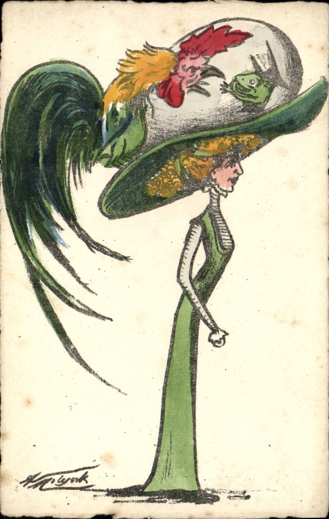 Vintage Postcard Fantaisie Illustrator Woman Hat Caps Cock