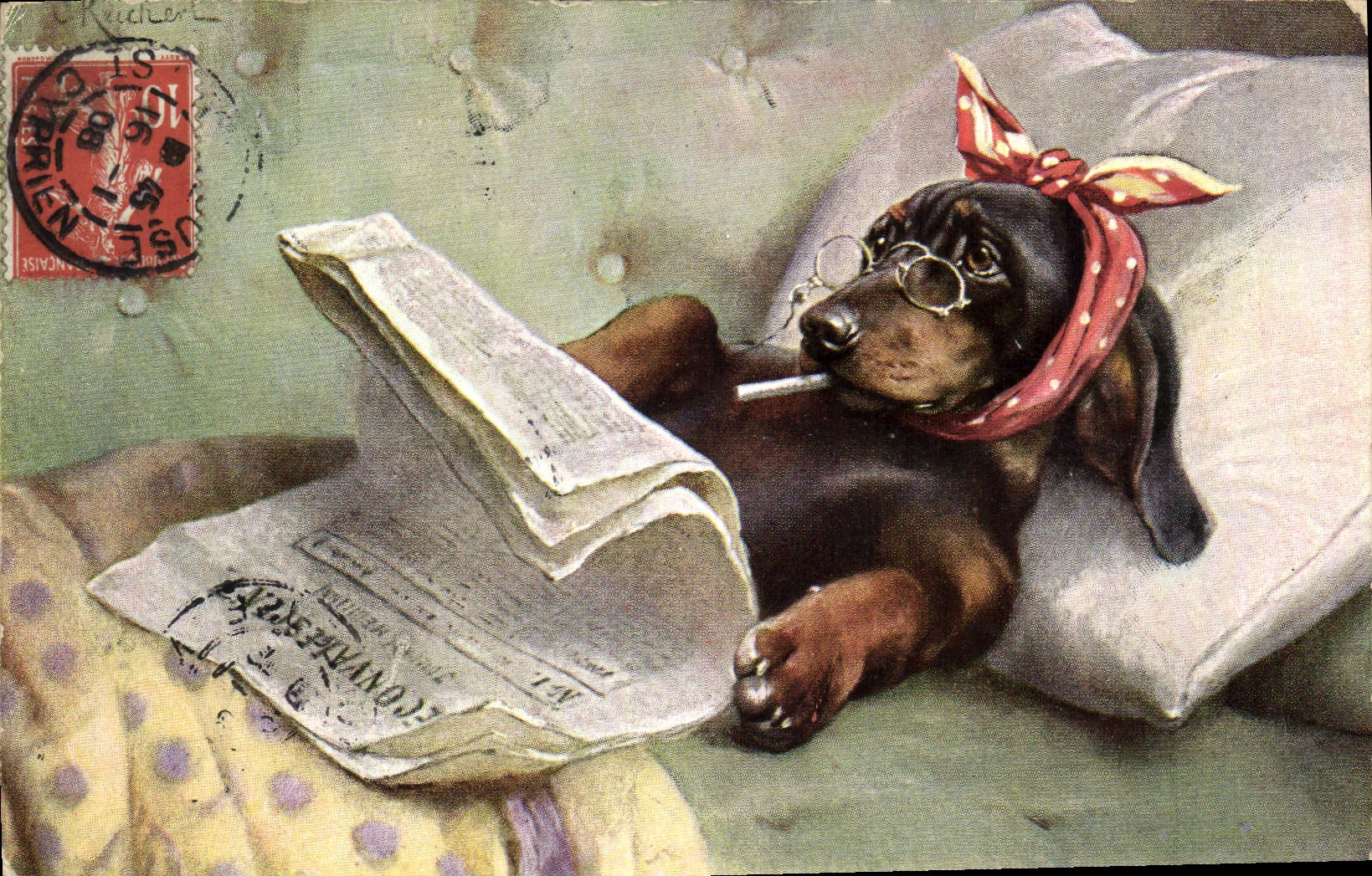 Vintage Postcard Dog Dogs Basset hound Newspaper