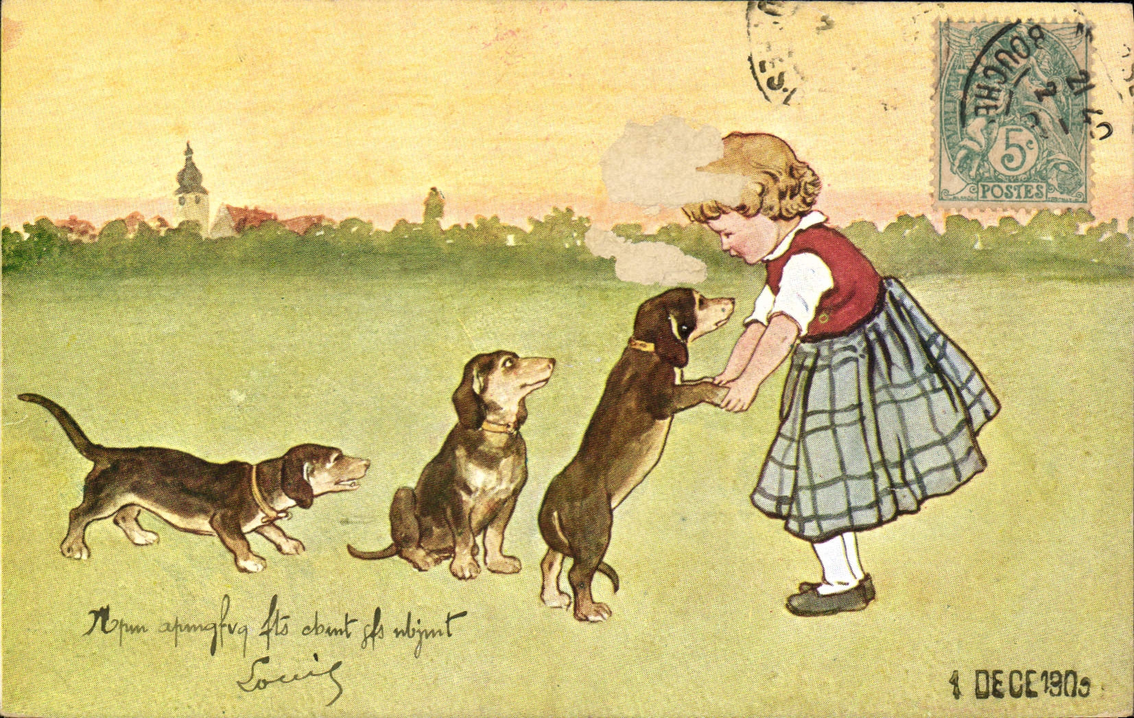 Vintage Postcard Dog Dogs Basset hounds Child