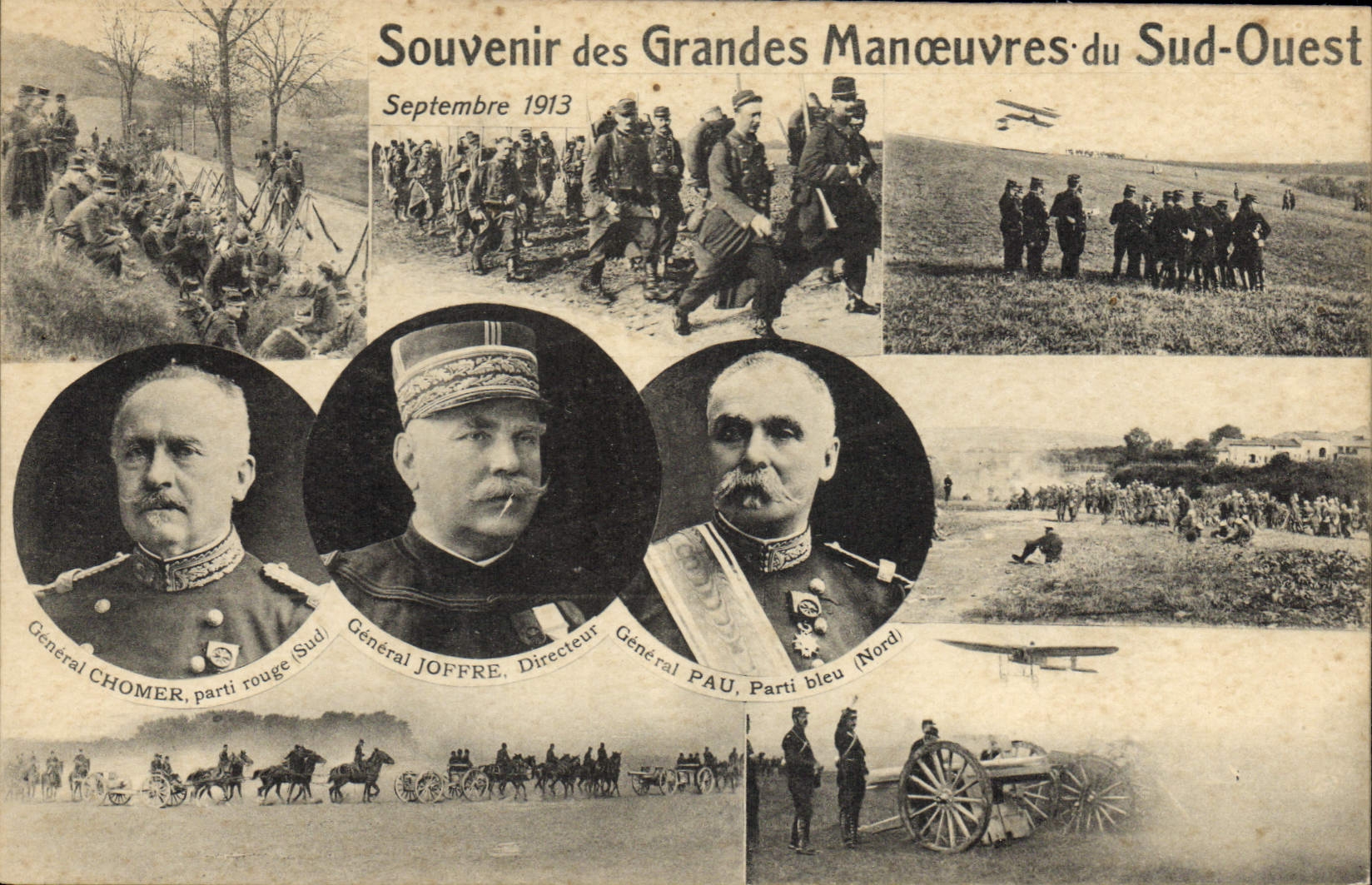 Postal Militaria Recuerdo del Grande Maniobras del Sur Occidental General Estar en paro Joffre Pau