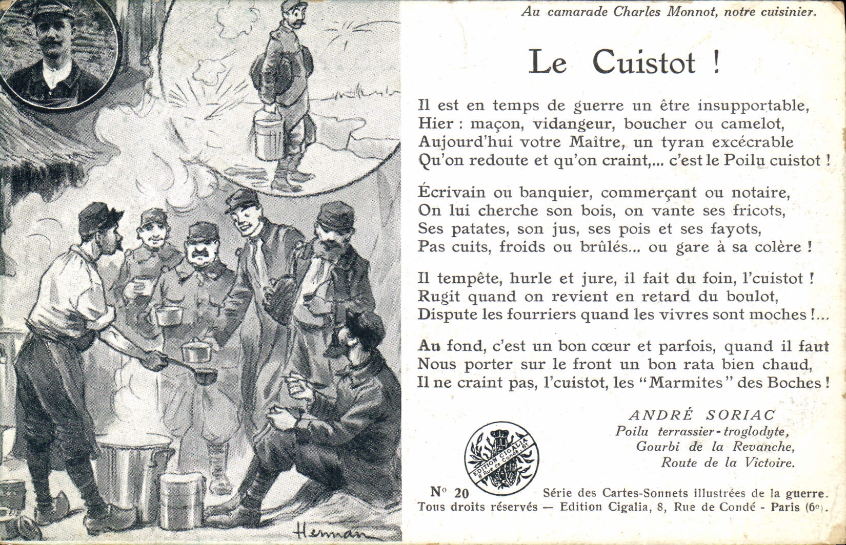 Vintage Postcard Militaria the Cook Andre Soriac