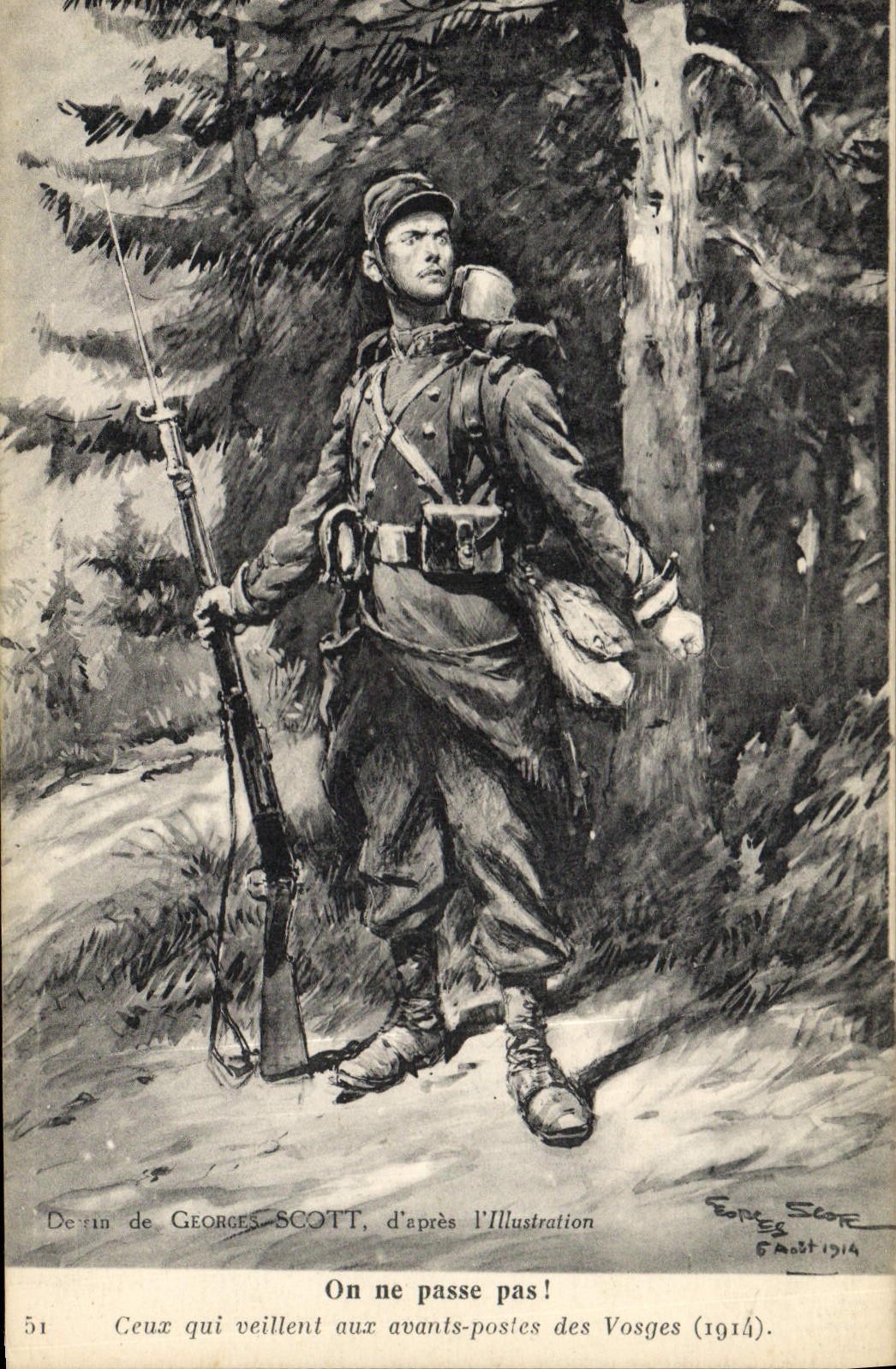Vintage Postcard Militaria Georges Scott the Vosges Illustration