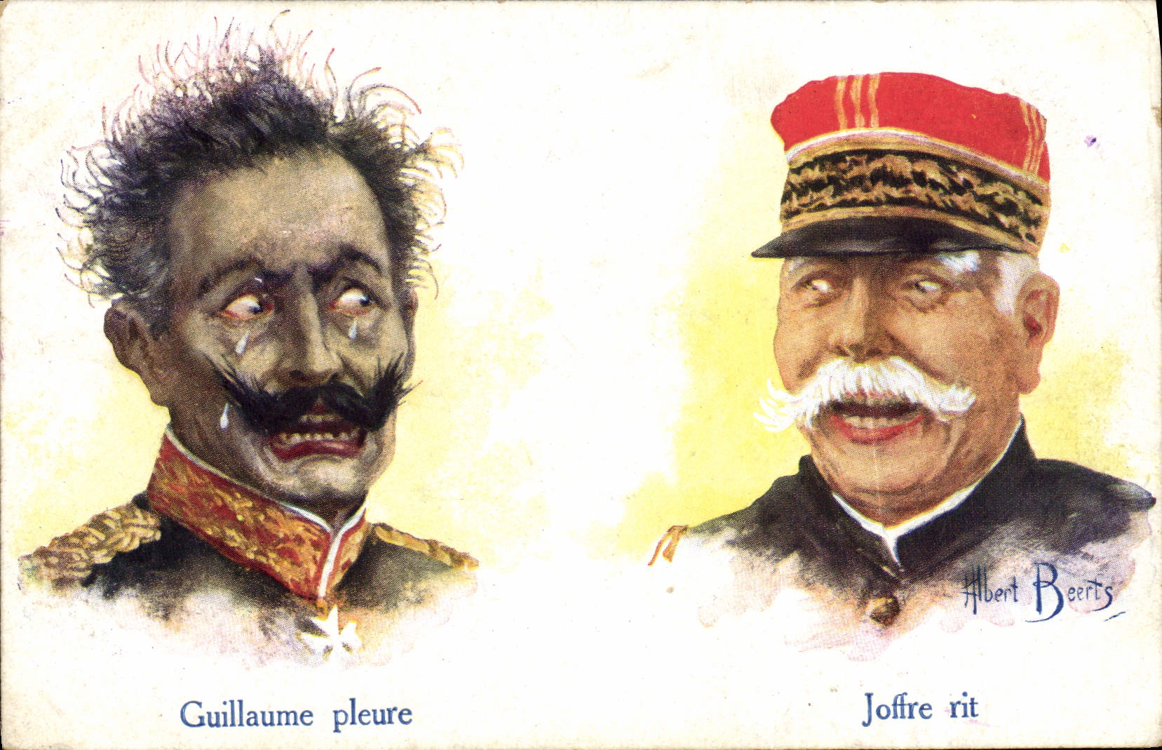 CPA Militaria Guillaume pleure Joffre rit
