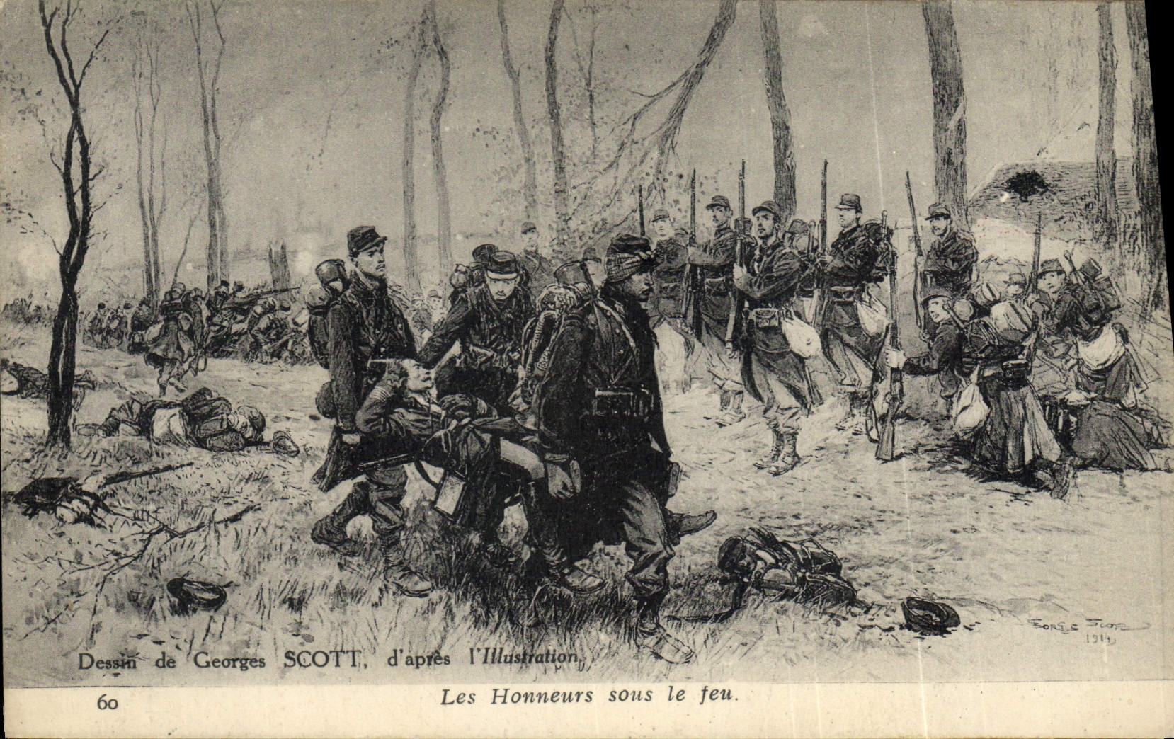 Postal Militaria Georges Scott Les los honores bajo el fuego