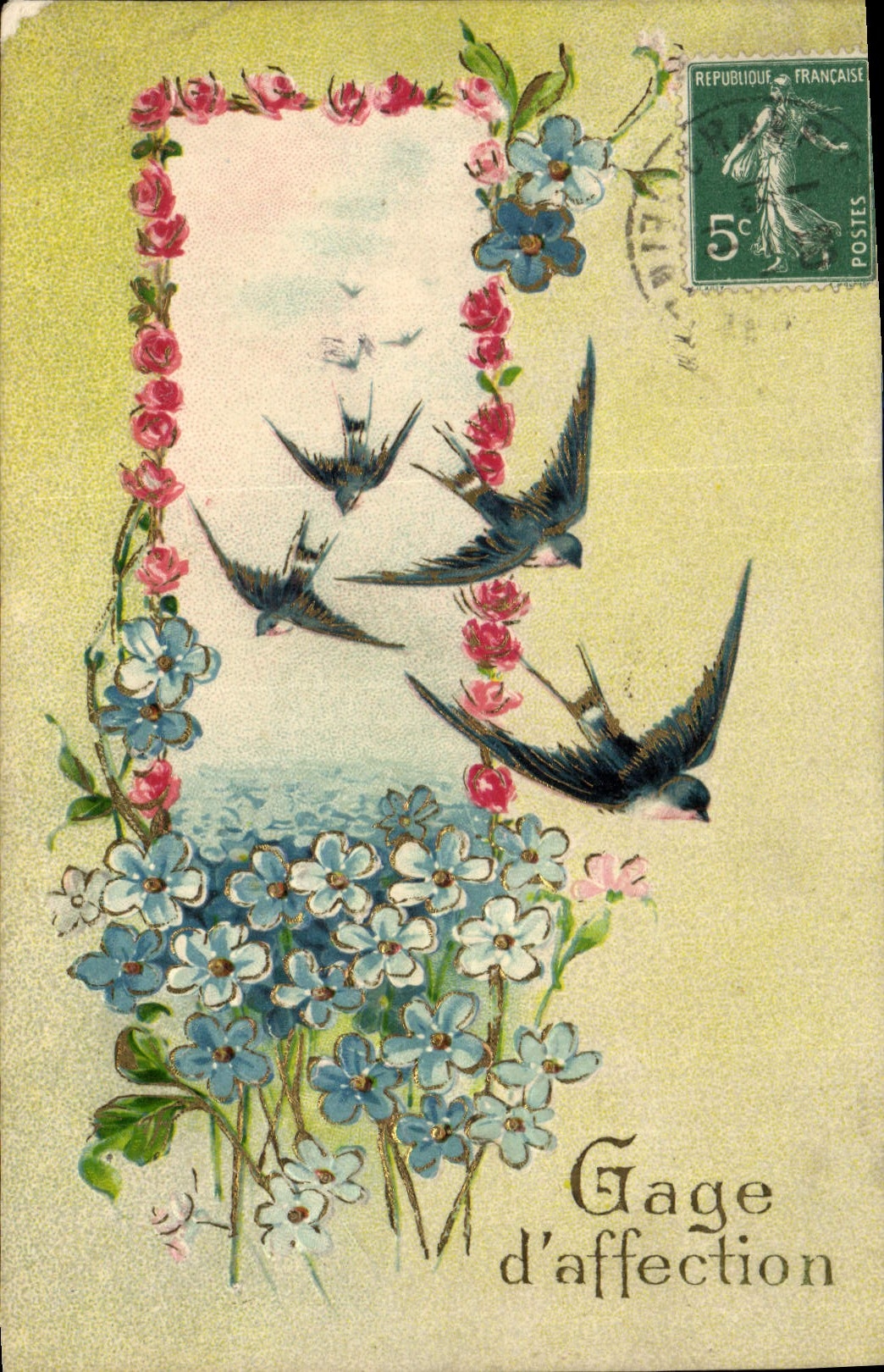 CPA Fantaisie Fleurs Hirondelle 