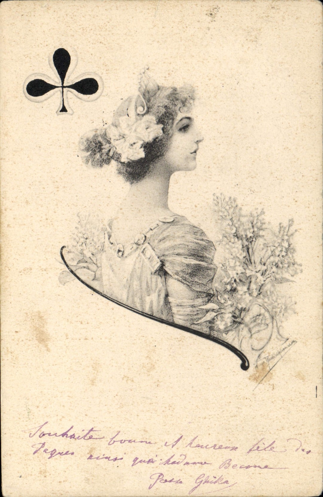 Vintage Postcard Woman Clover Charts