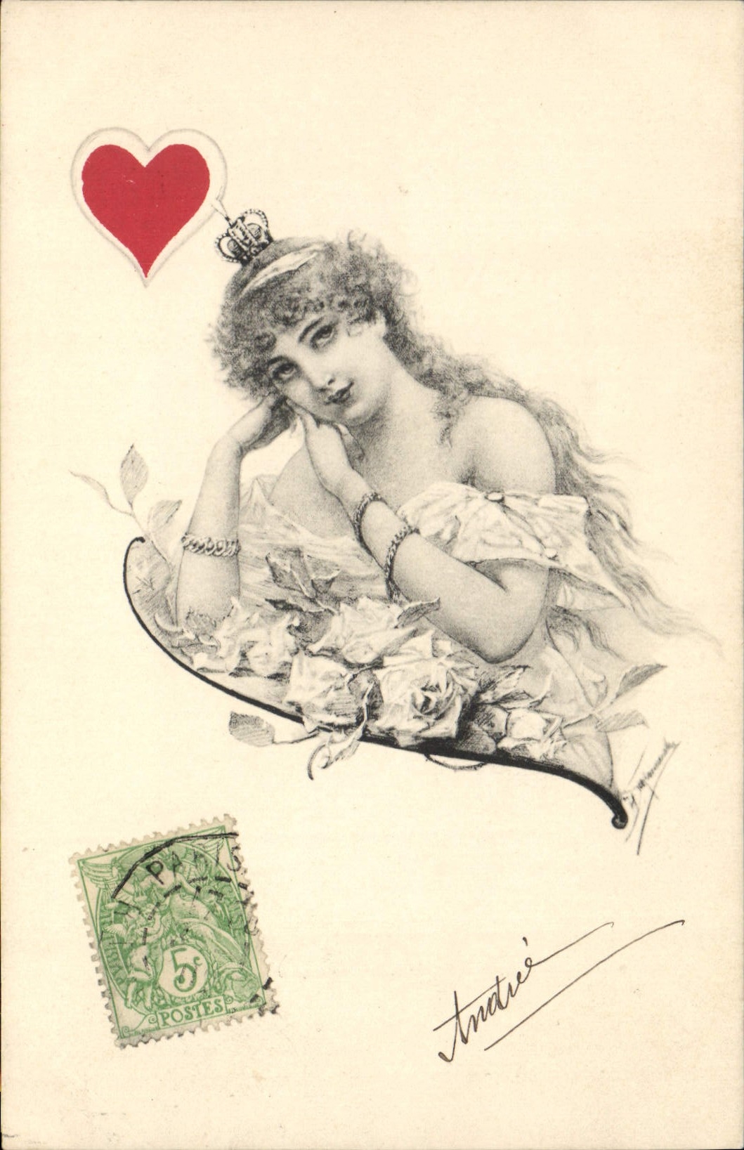 Vintage Postcard Woman Charts Heart