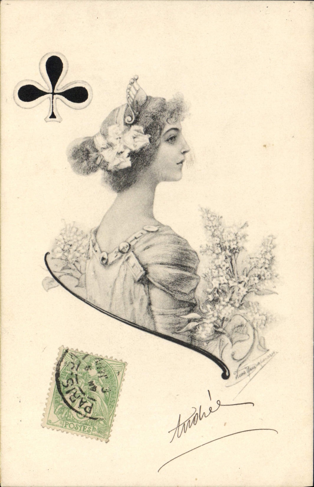 Vintage Postcard Woman Charts Clover