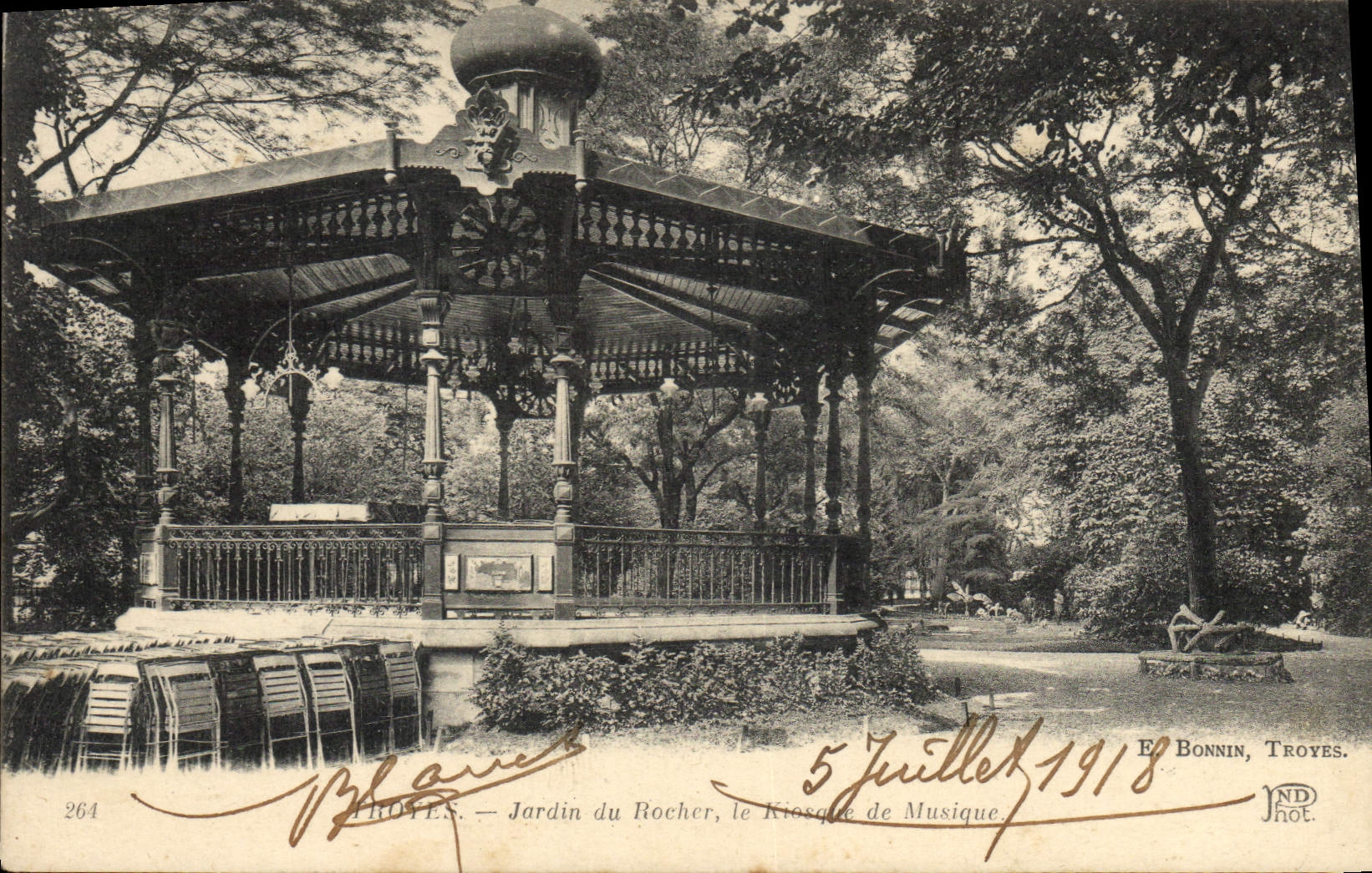 Vintage Postcard Kiosk of music Garden of the Troyes rock