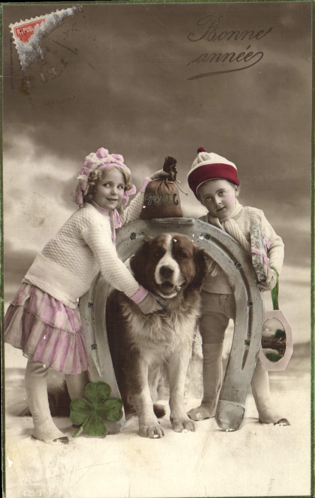 Vintage Postcard Chiens Dog Children Horseshoe