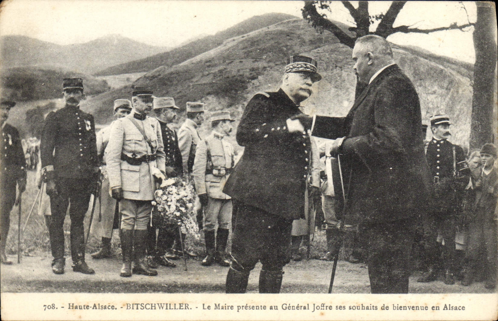 Vintage Postcard Militaria High Alsace Bitschwiller the Mayor presents to General Joffre his wishes of welcome in Alsace