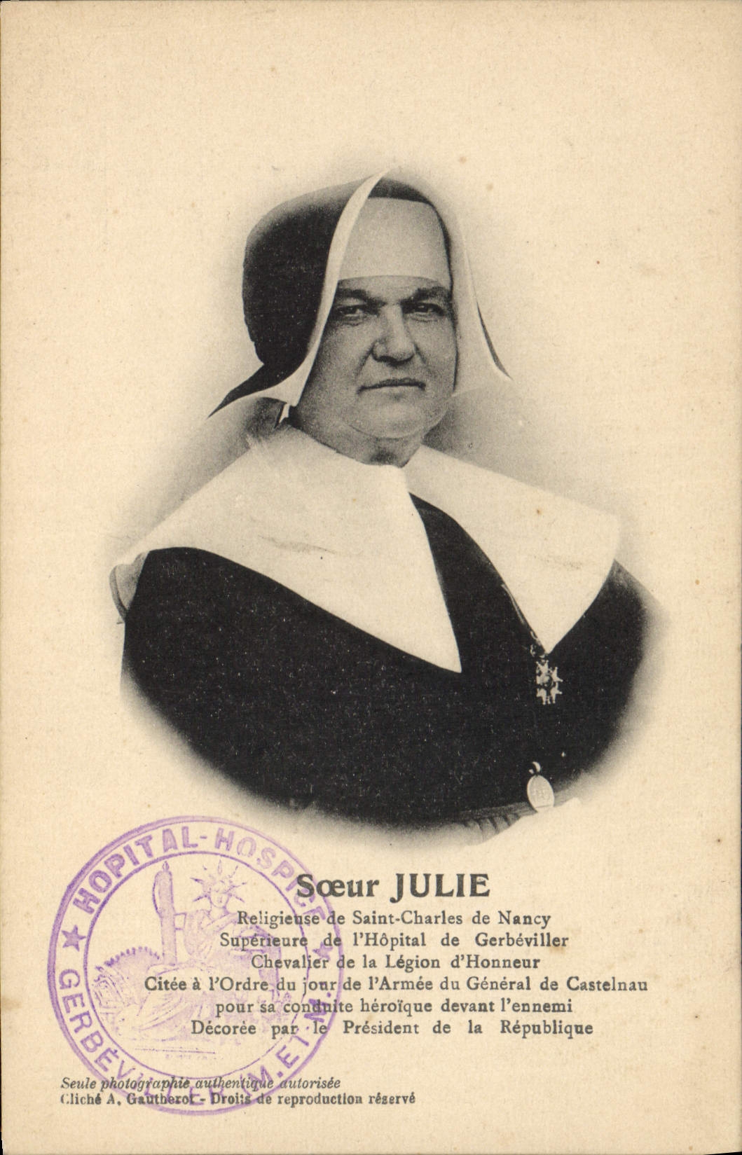 Vintage Postcard Militaria Sister Religious Julie of Saint Charles of Nancy Hospital of Gerbeviller