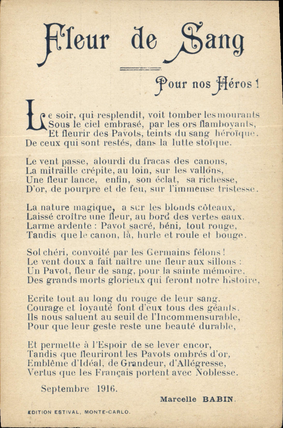 CPA Militaria Fleur de sang Pour nos heros MArcelle Babin