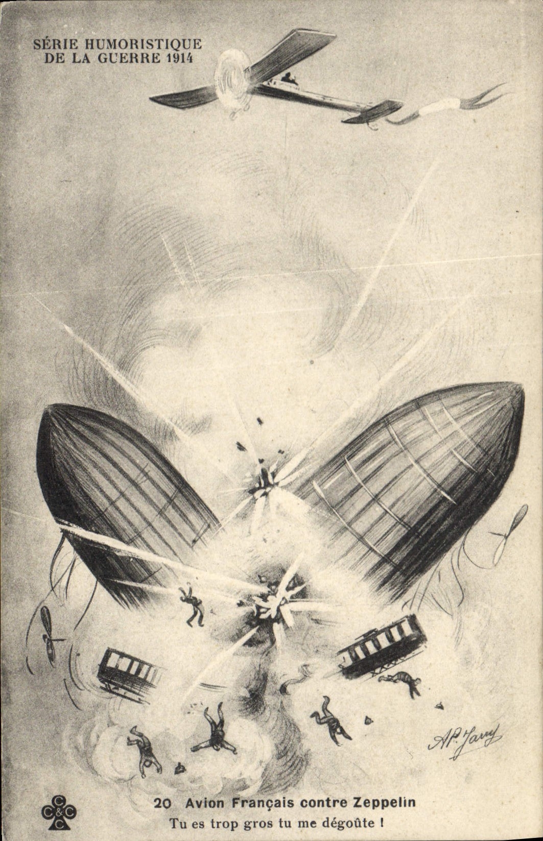 Vintage Postcard Militaria French Plane against zeppelin