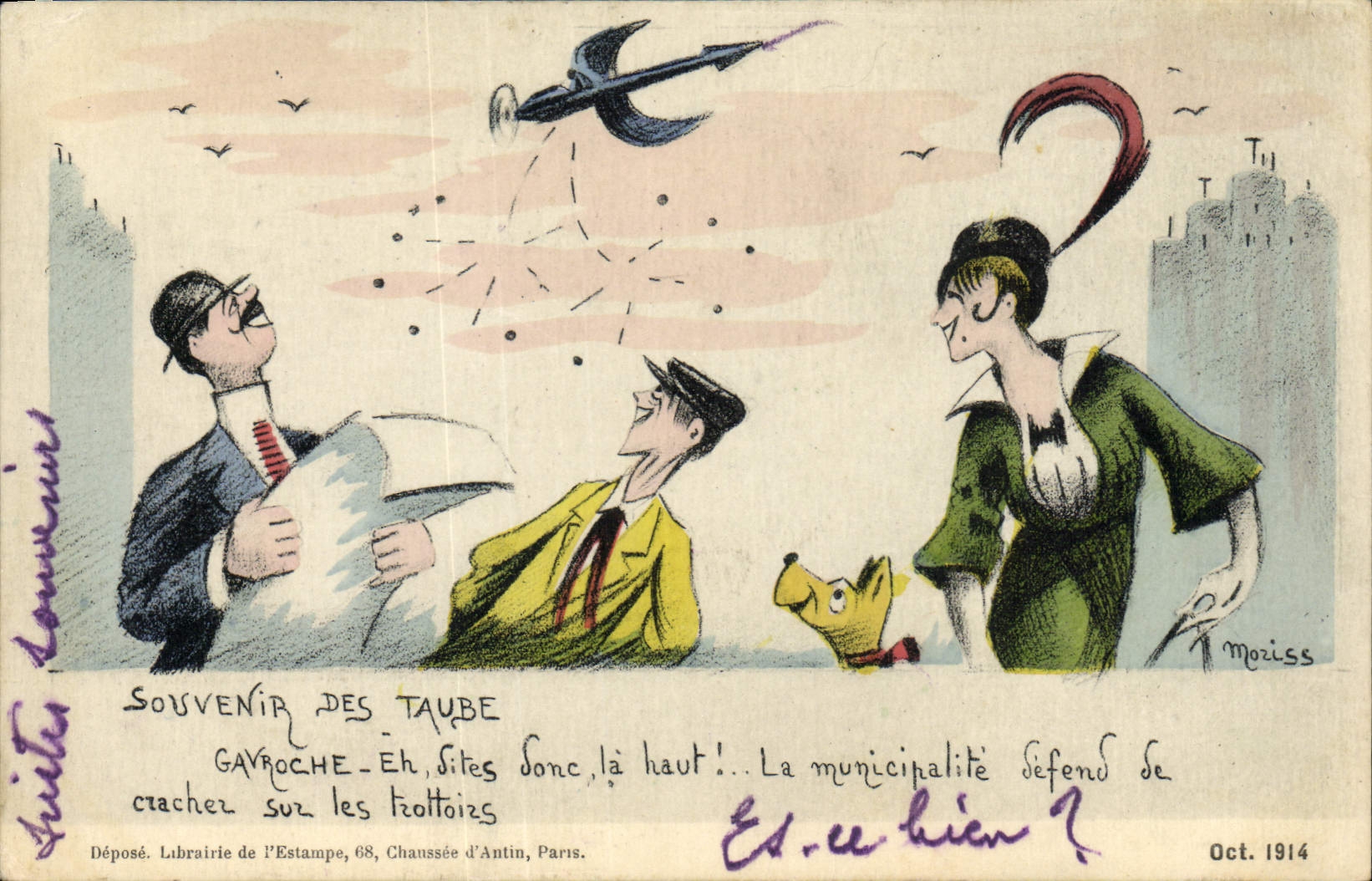 Vintage Postcard Militaria Memory of Mischievous Taube