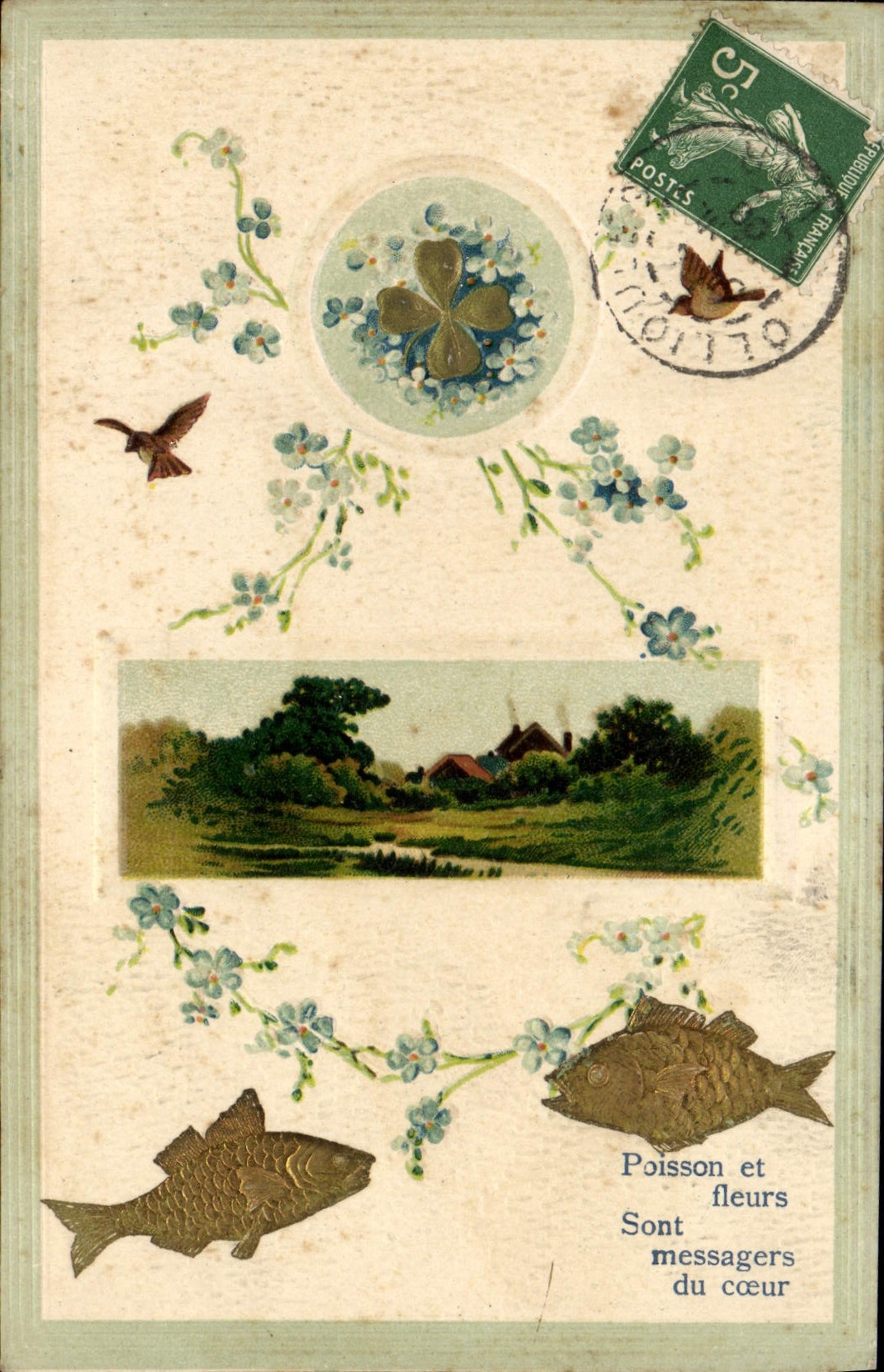 Vintage Postcard Fantasy Flowers Clover Poisson