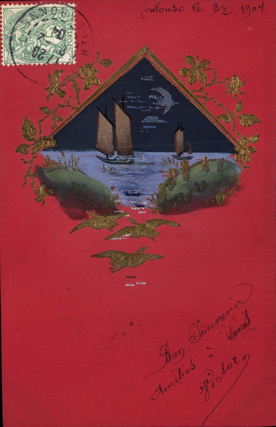 Vintage Postcard Fantasy Flowers Boats