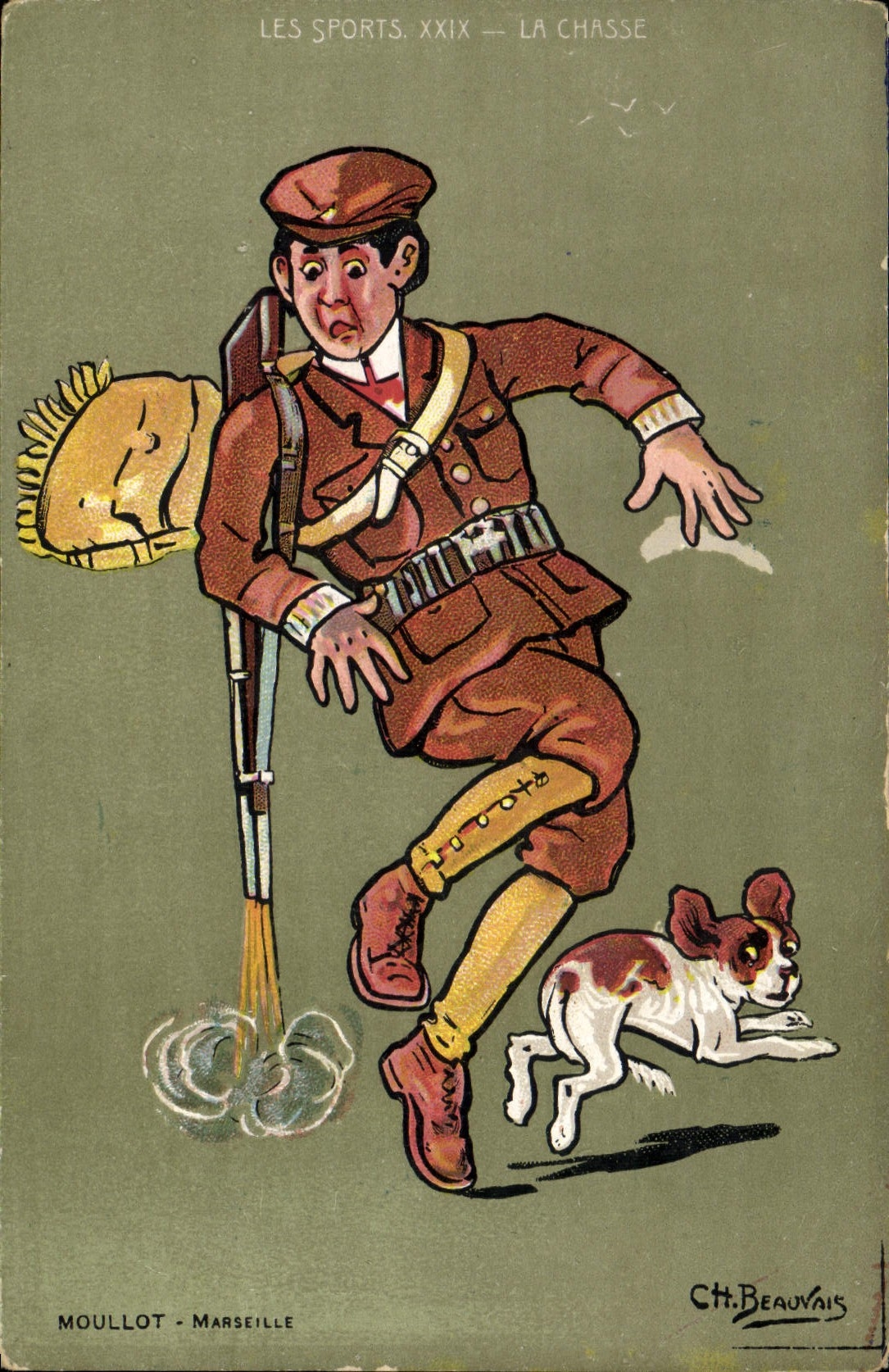 Postal Caza Cazador Perro Ilustrador Beauvais Publicidad Emile Tardif