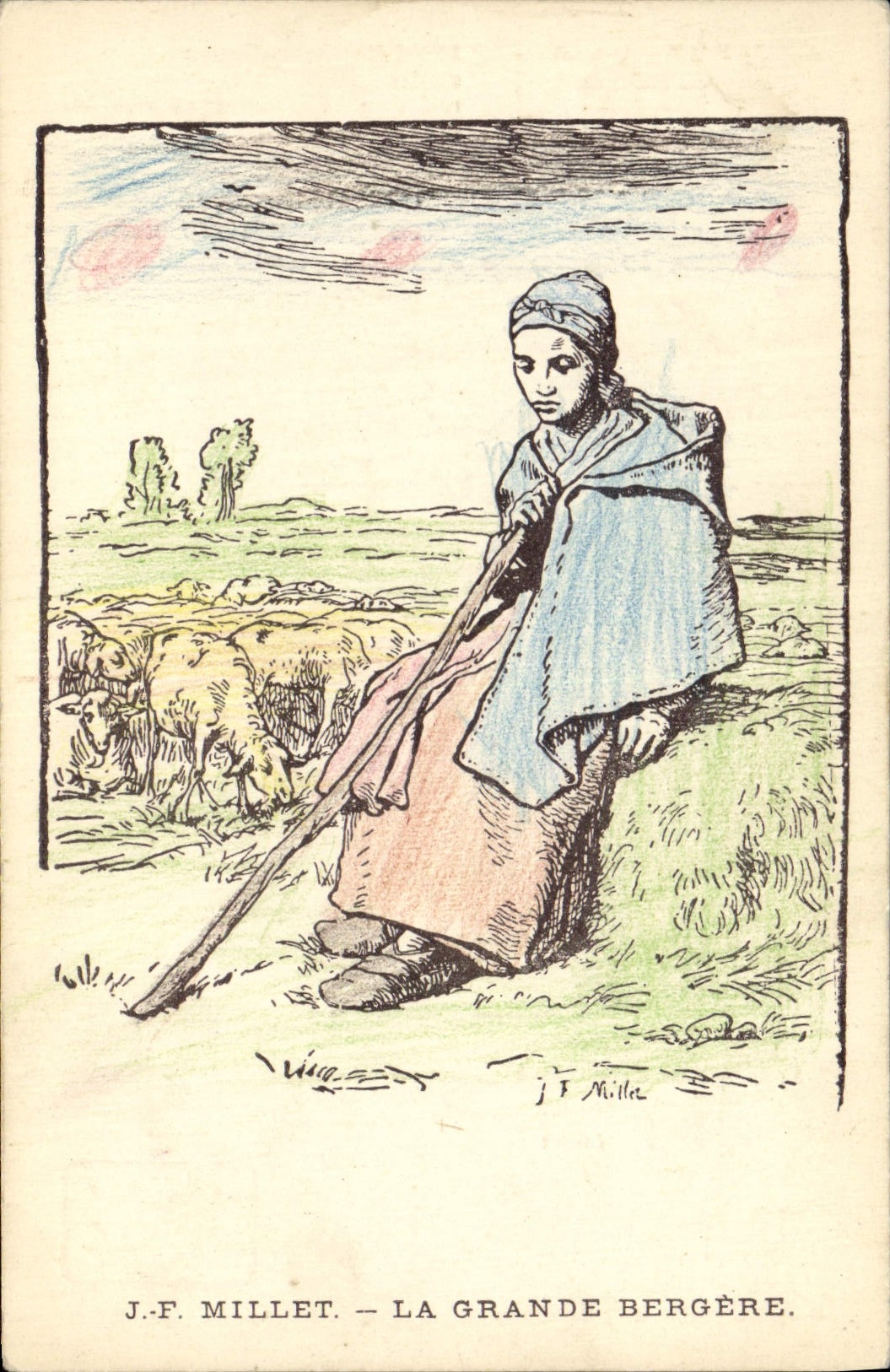 Vintage Postcard Fantasy Illustrator JF Millet the large shepherdess Sheep