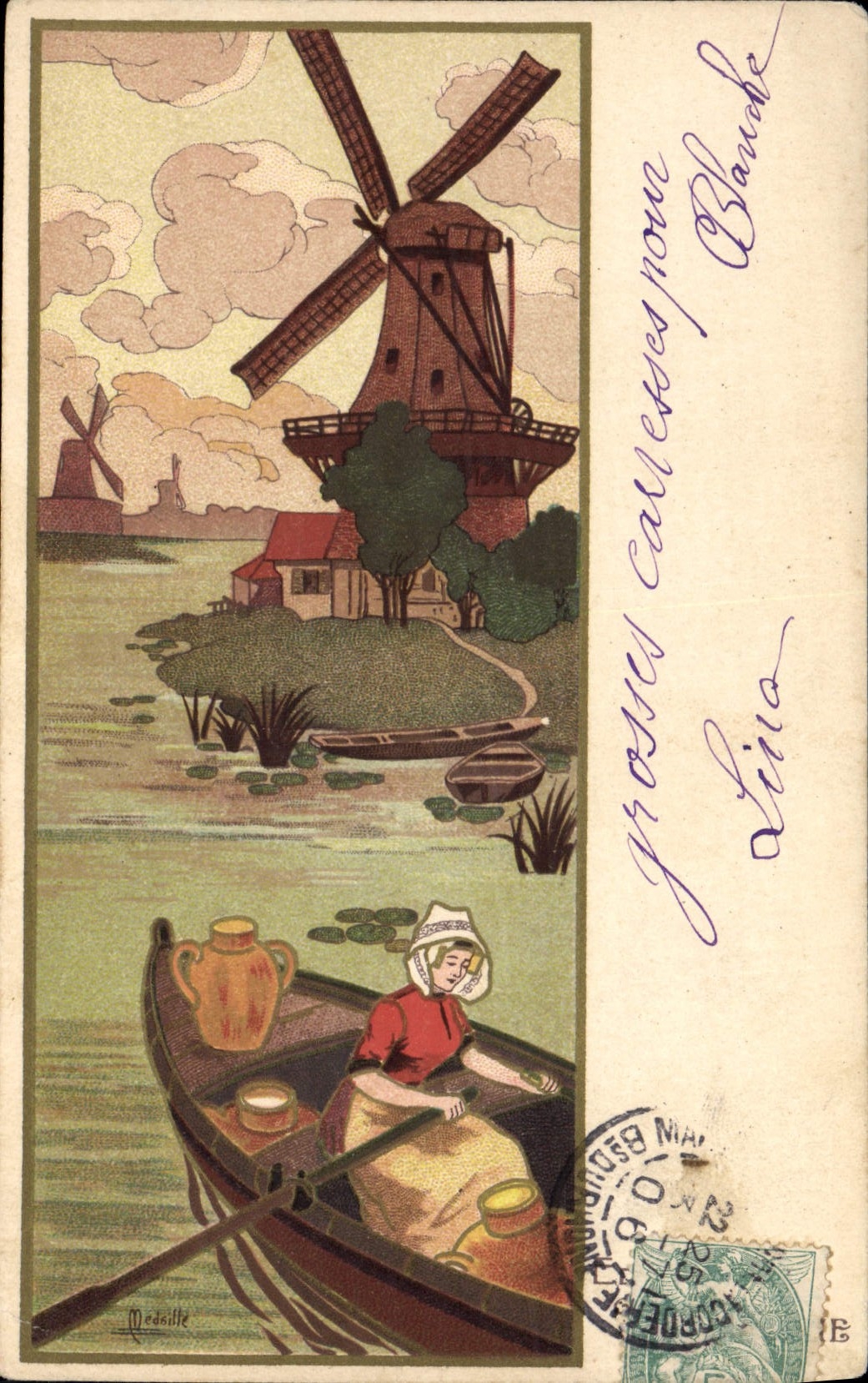 Vintage Postcard Fantaisie Illustrator Woman Boat Windmill