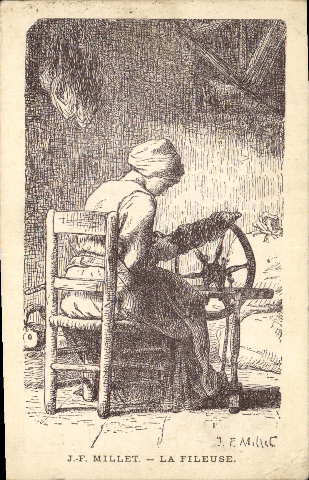 Vintage Postcard Fantasy Illustrator JF Millet the ropemaking machine