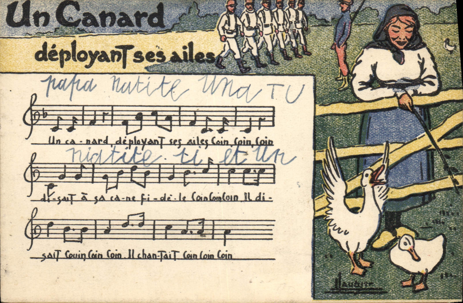 Postal Fantasia Ilustrador el pato que despliega sus alas