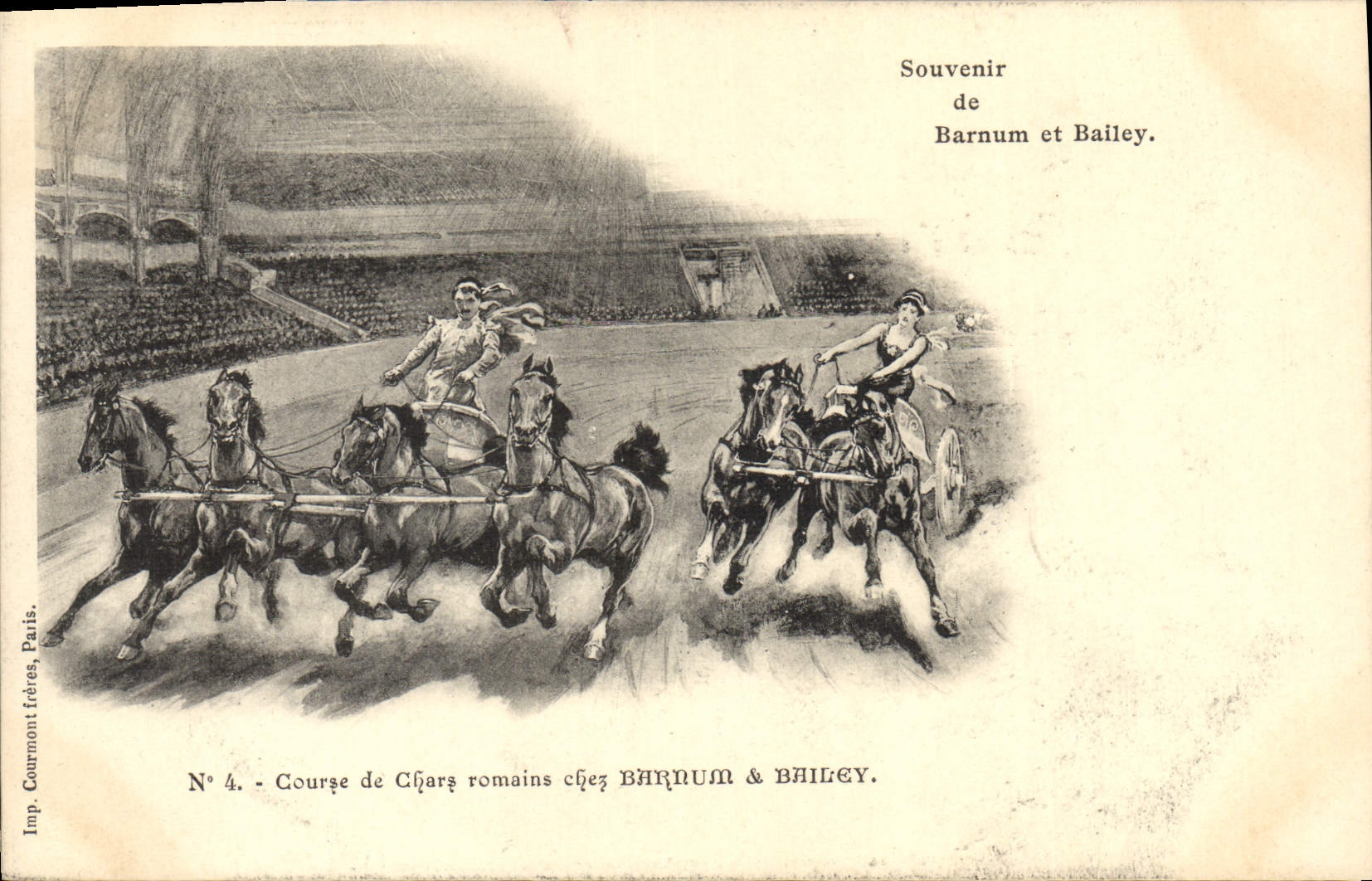 Vintage Postcard Cirque Chases of roman chariots at Barnum & Bailey