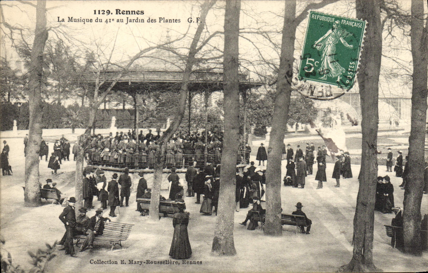 Vintage Postcard Rennes Kiosk music of the 41eme to the Botanical garden